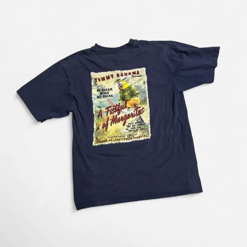 Small Tommy Bahama tropical navy blue graphic tee funny bar party vacation